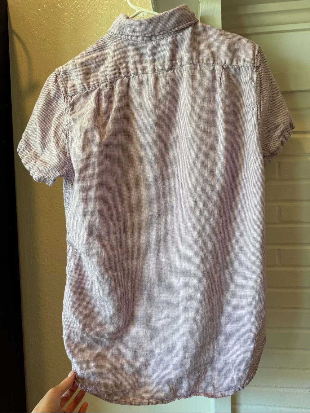 J.Crew Linen Blend Short Sleeve Button Down Shirt Purple Gingham Size Small